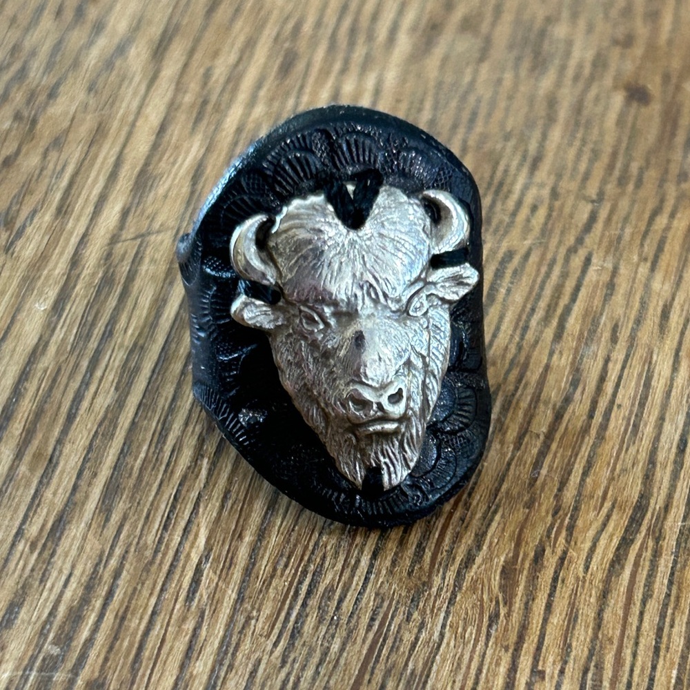 Black Leather and Silver Bison Ring